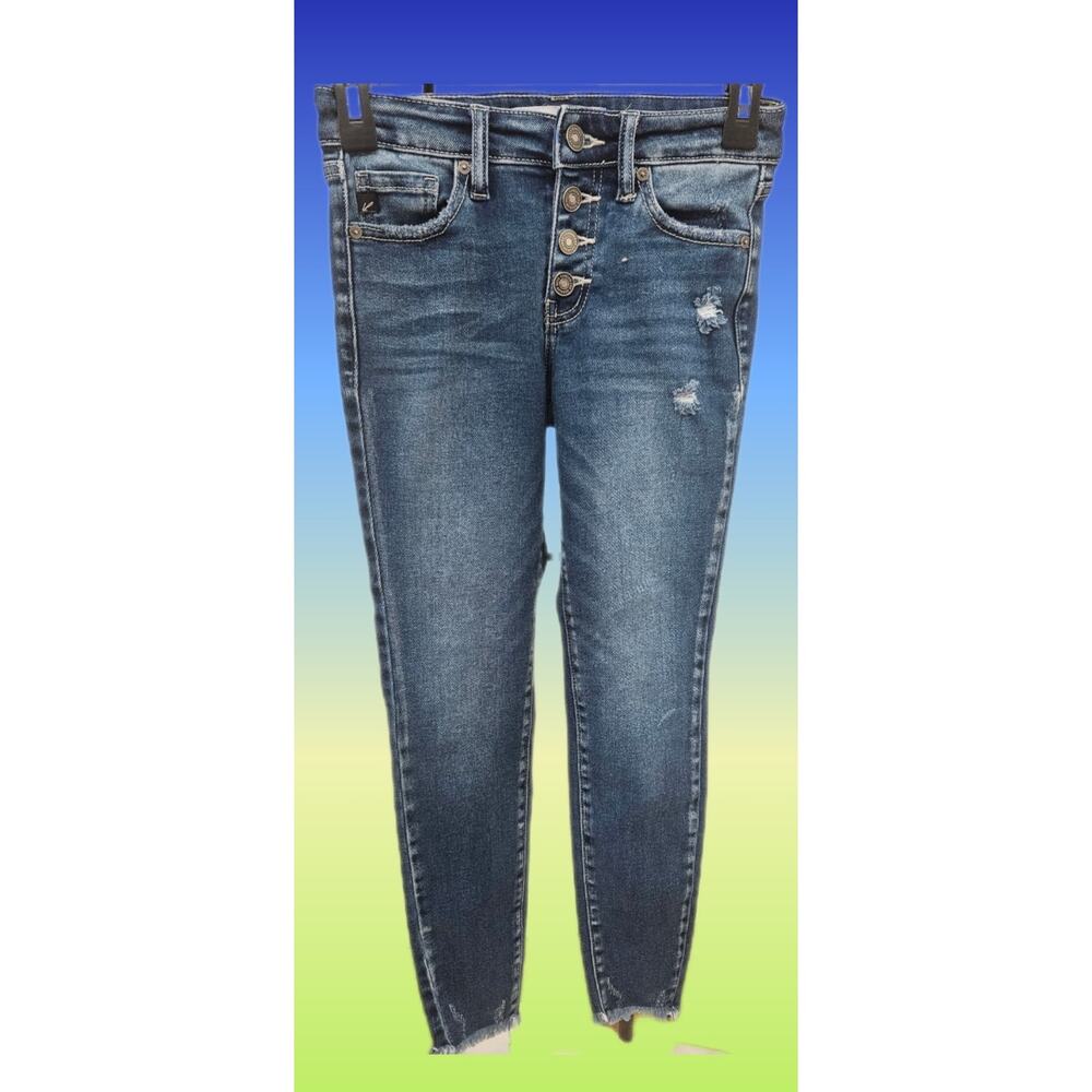 KANCAN Women's Skinny Raw Hem Jean. Size 1/24 High Rise Button Inseam 25" Blue